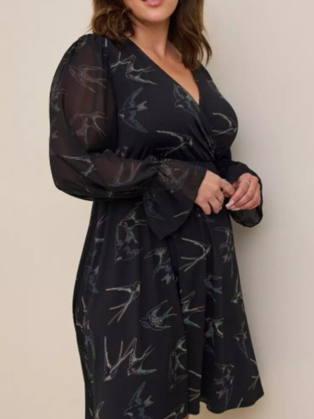 Torrid Swallow Print Studio Knit Faux Wrap Dress Chiffon Sleeve - Plus